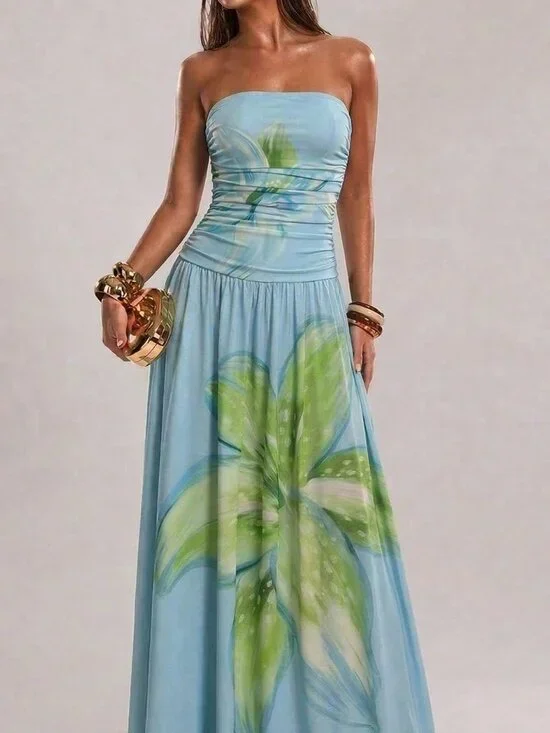 Blue Elegant Women's Strapless Floral Beach Maxi Dress - Picture 1 of 6